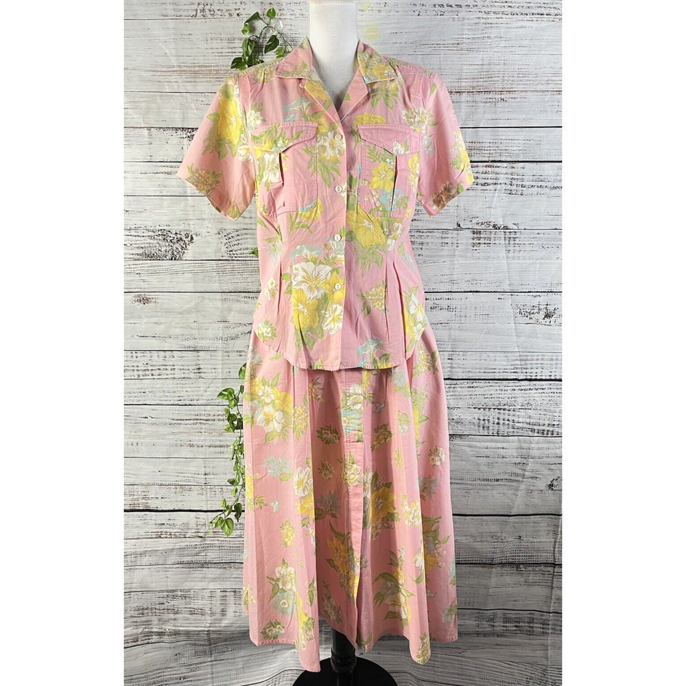 Vintage Chaus 2pc Blouse & Skirt Outfit Set sz 10 Pink Yellow Floral 80's Granny